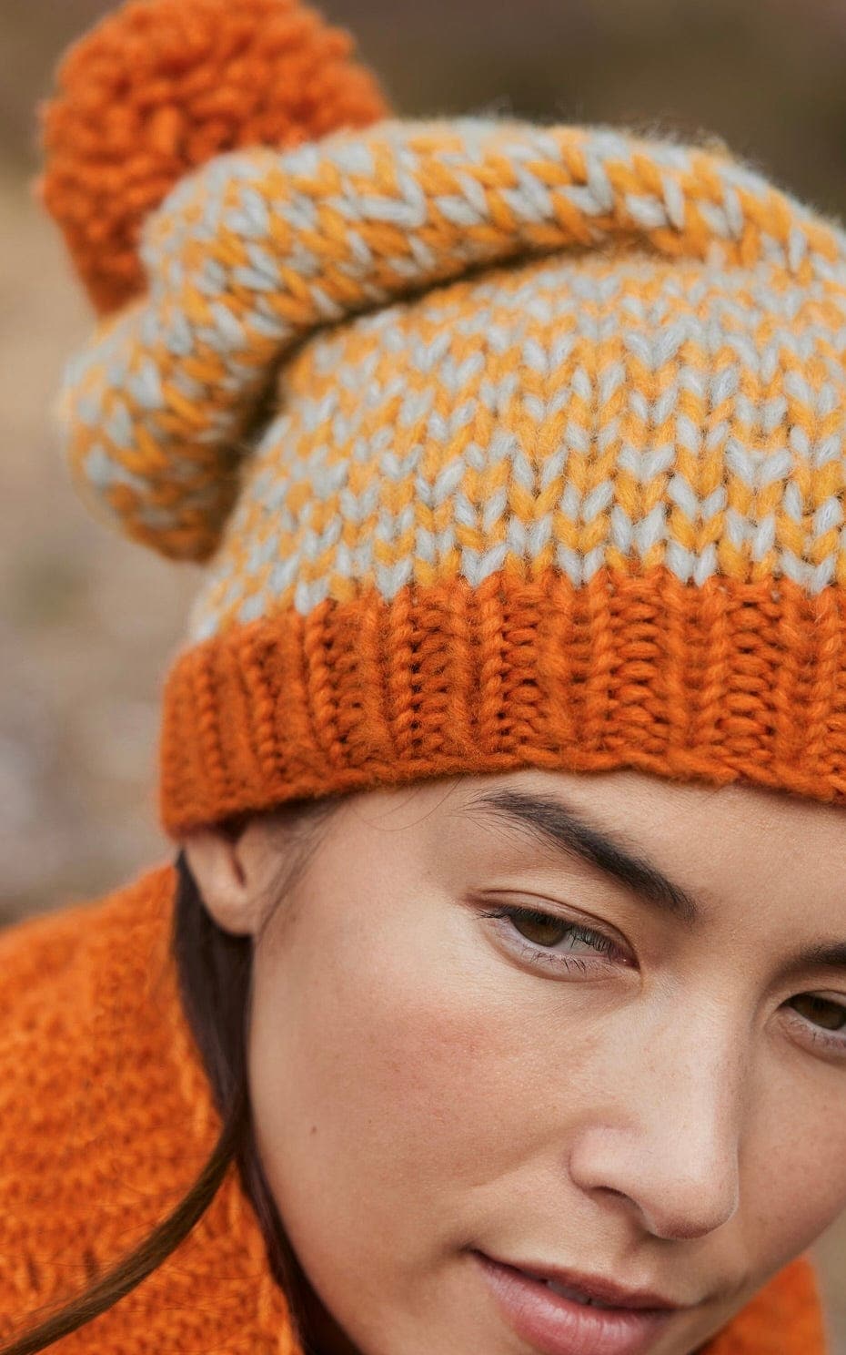 LANA GROSSA Strickset Einheitsgröße / Rost-Gelb-Hellgrau meliert Mütze mit Pompon - ECOPUNO CHUNKY - Strickset