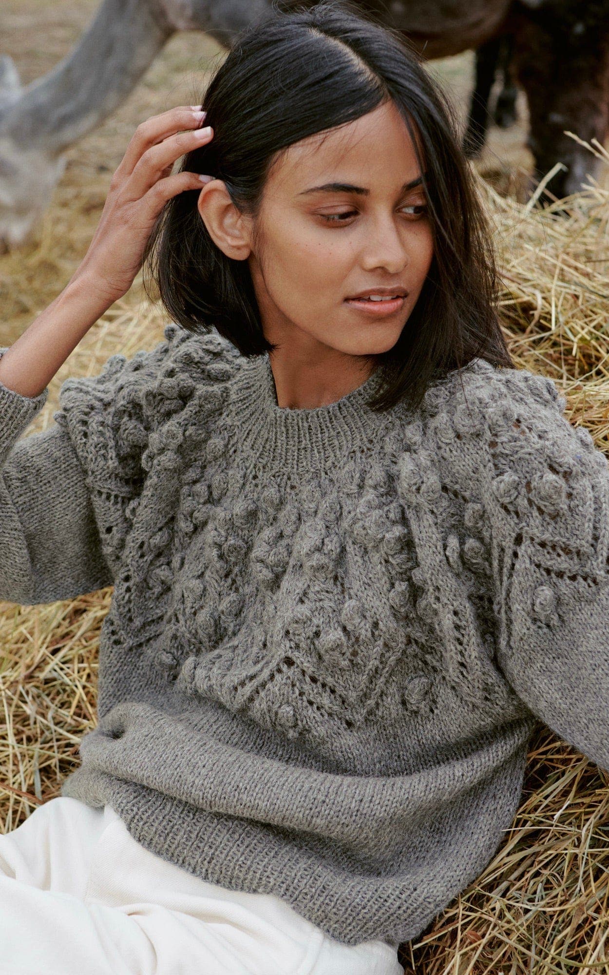 LANA GROSSA Strickset Top Down Pullover mit Noppenmuster - NATURAL ALPACA CLASSICO - Strickset