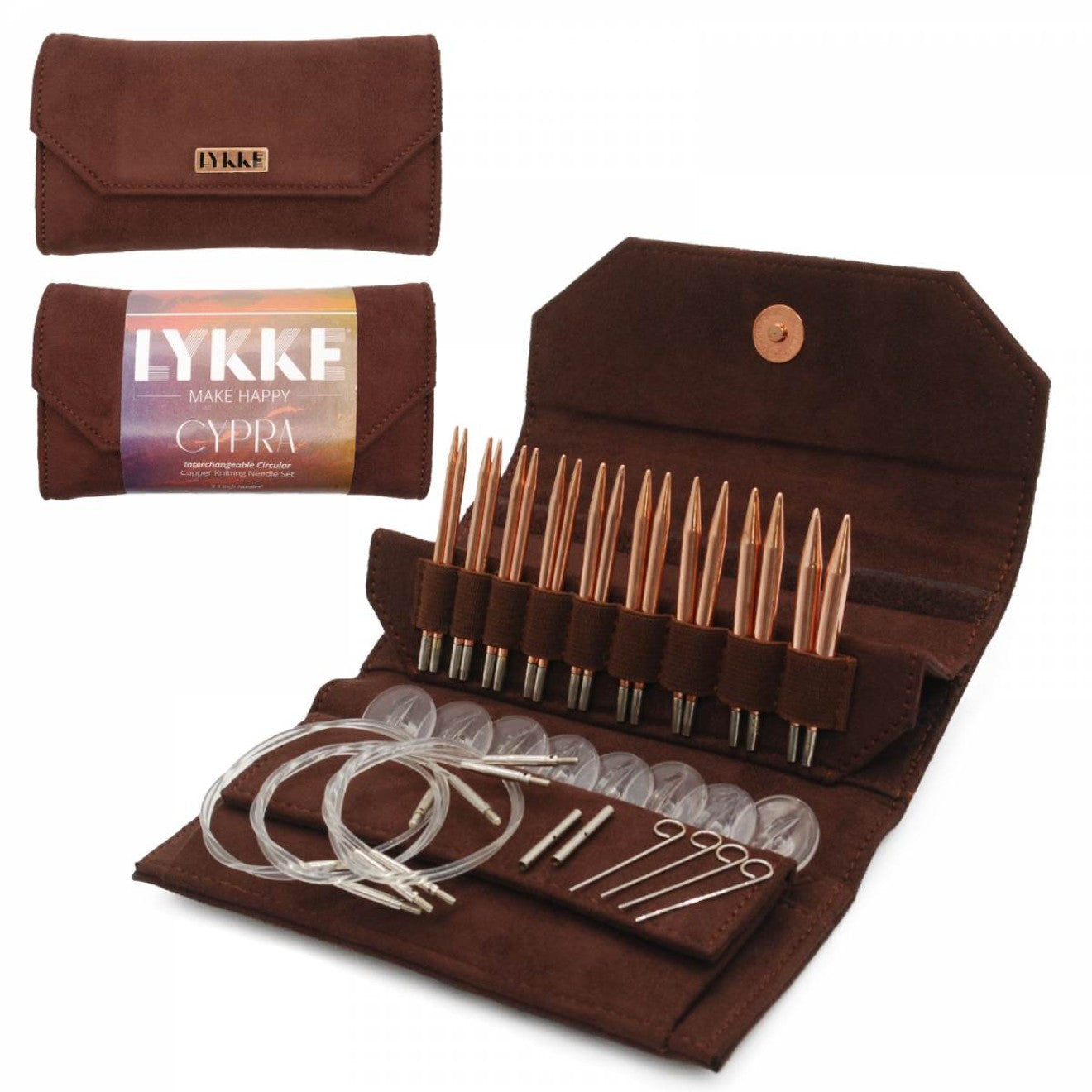 LYKKE - Nadelset austauschbare Nadelspitzen Cypra 3,5 Zoll (9 cm) US Size 3-10.5 (3,25 mm-6,50 mm) inkl. Zubehör braune Tasche