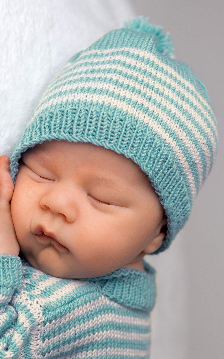 Baby Mütze mit Bommel und Strickset GROSSA Streifen - - - LANA OONIQUE